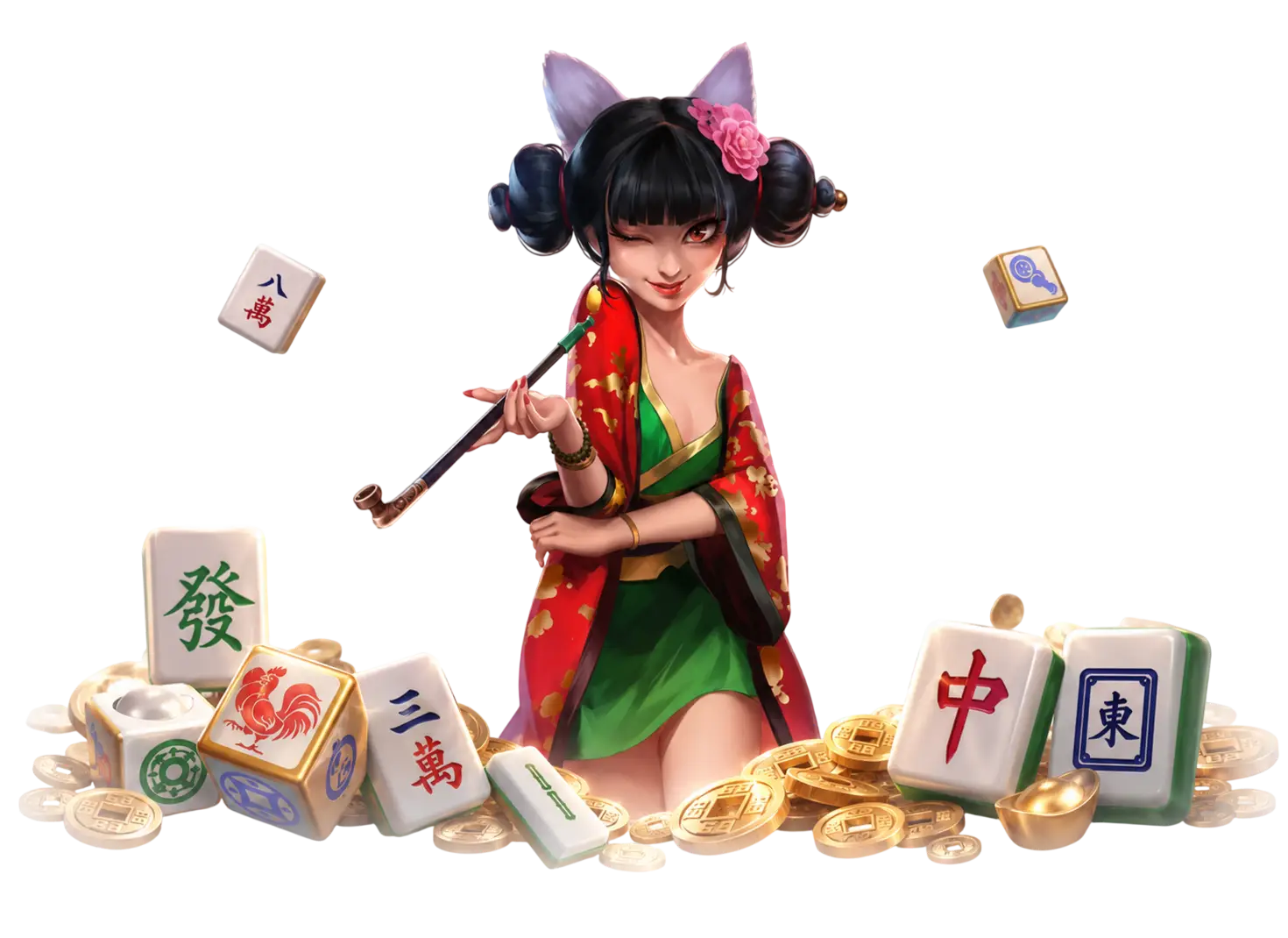 任你博棋牌麻將遊戲介紹圖，人物搭配麻將牌與金幣裝飾